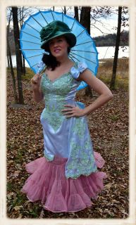 Vintage Once Upon a time Victorian Aqua Satin Fantasy dress gown 