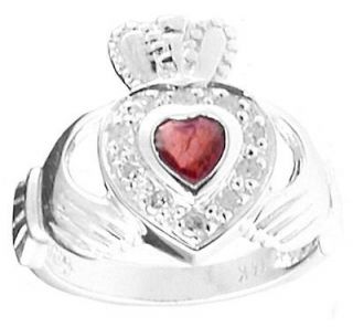 14K White Gold Genuine Diamond Ruby .25cts Claddagh Engagement Ring r