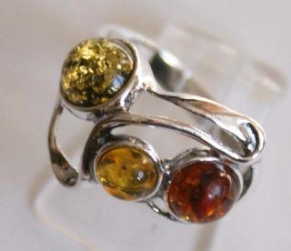 Three Stones Multicolour Baltic Ambers Ring Silver 925.