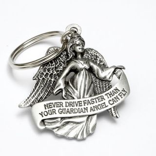 GUARDIAN ANGEL PEWTER KEY RING Never Drive Faster than your Angel can 