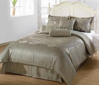 7pcs Sage Green Jacquard Floral Comforter Set Bed in a bag King Size 