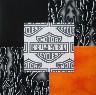   HARLEY DAVIDSON Logo Shield Black flames Orange Quilt Fabric Squares