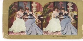 Vintage Risque Color Stereoscope Card Victorian Boudoir Ladies Love 