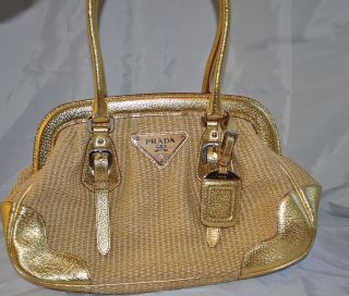 NEW PRADA Paglia straw gold metallic leather handbag Purse BR3509