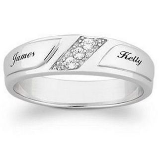 STERLING SILVER PLUS PLATINUM PLATED ENGRAVED NAME CZ WEDDING BAND 