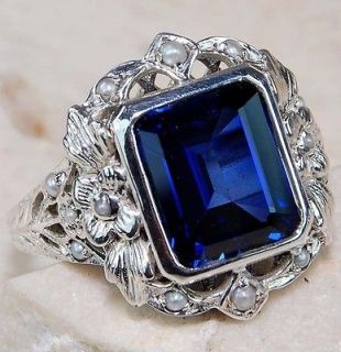   Sapphire Seed Pearl 925 Solid Sterling Silver Art Deco Ring Sz 6.5