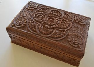 MAGNIFICENT OLD CARVED WOOD JEWELRY BOX WITH COPPER HARDWARE C19