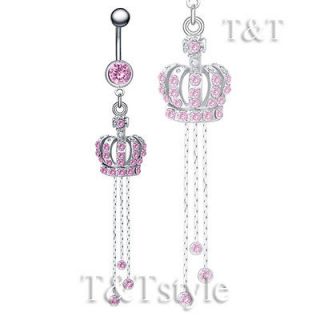 Pink Crystal Crown Long Dazzling Dangle Belly Bar Ring BL50B