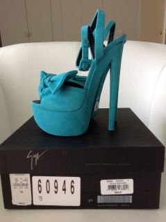   ZANOTTI BOW DETAIL PLATFORM SUEDE AQUA TURQUOISE SANDALS PUMPS 37