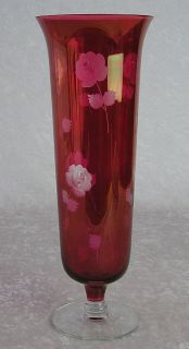 Vintage Ruby Red Flash Glass with Etched Roses Footed Tall Vase