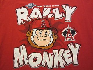 Mens T Shirt RALLY MONKEY ANAHEIM ANGELS 2OO2 WORLD SERIES red size 