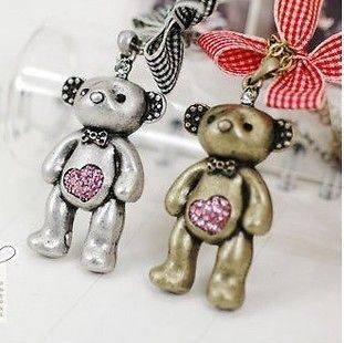   fashion Heart Brass Rhinestone Studded Bear Long Chain Necklace charm
