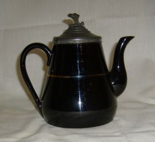 ANTIQUE BLACK JACKFIELD GOLD DECORATED REDWARE METAL LIDED TEAPOT