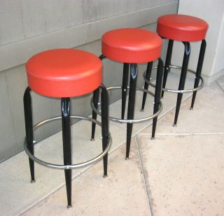 1of2) Set of 3 Mid Century Modern Metal Red BAR STOOLS Vintage 