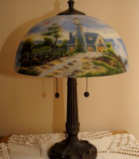 Thomas Kinkade Reverse Painted Table Lamp   A Light In The Storm (w 
