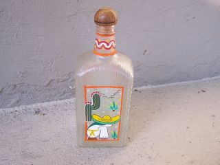 Glass Painted Tequila Bottle   Sleeping Mexican, Agave   Mexico