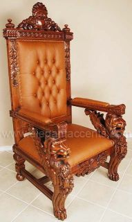 Carved Mahogany King Winged Lion Gothic Throne Chair Brown and Tan