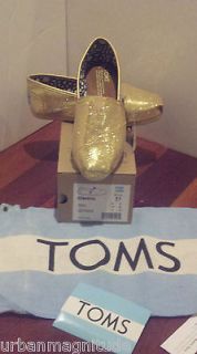 TOMS SHOES GOLD 7.5 GLITTER SEQUINCE FLAT SLIPPERS SLIP ON CANVAS 