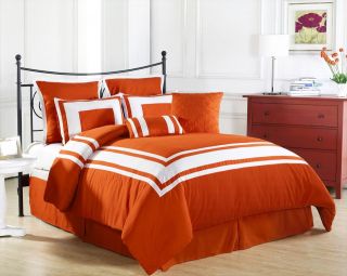 Lux Decor 8 Pieces Comforter Hotel Set TANGERINE, Orange, White Stripe 