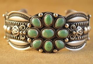   Sterling S Old Style Green Turquoise Cluster Navajo Cuff Bracelet