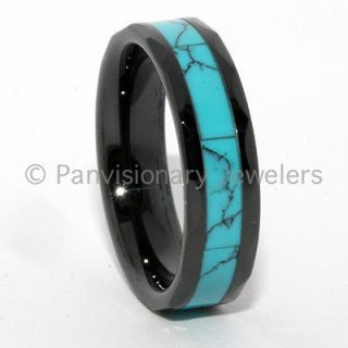 Faceted Black Ceramic Ring Turquoise Shell Inlay Wedding Band Fashion 