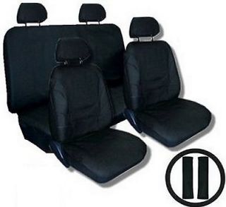 SOLID BLACK Car Seat Covers SET w/ Steering Wheel Cover & Belt 