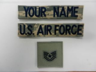   Force USAF ABU 3 Piece Name Tape Set with Rank Insignia Patches VELCRO