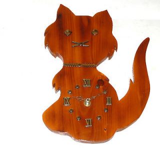 Rustic Wood Cat Wall Clock Goldtone Accents