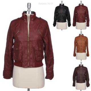 Faux Leather Full Zip PU Bomber Motorcycle Rider Jacket Front Flap 