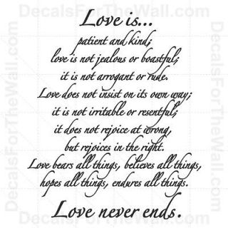 Love is Patient and Kind Not Jealous Never Ends Vinyl Wall Decal Art 