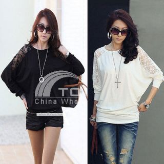 Womens Batwing Tops Loose Blouse T Shirt Dolman Lace Long Sleeve 