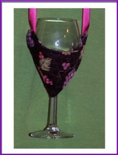 WINE GLASS HOLDER NECKLACE pink/purple on black/red. Pink ribbon