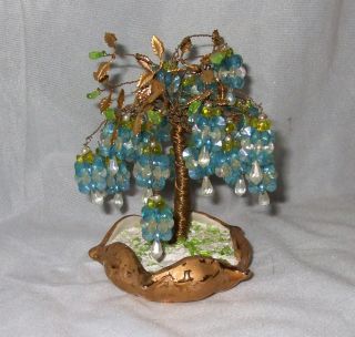 Vintage Metal Bonsi Tree 22 kt Gold Leaf Dixon Art Studios Aqua Beads 