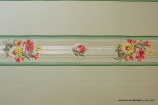 1940s Vintage Wallpaper Border mint green with lace pink and yellow 