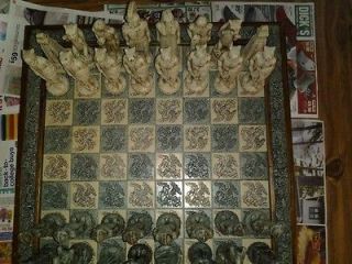 Vintage Aztec vs. Conquistadors Malachite and Alabaster chess set