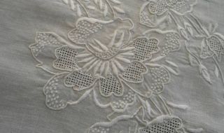 Vintage White Linen Tablecloth Hand Embroidered Flowers Honeycomb Lace