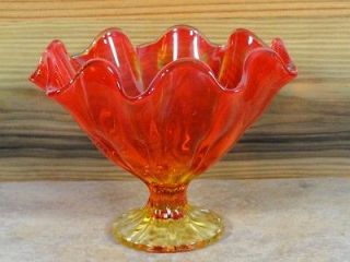VINTAGE AMBERINA BOWL ART GLASS PEDESTAL RUFFLED RED AMBER 5
