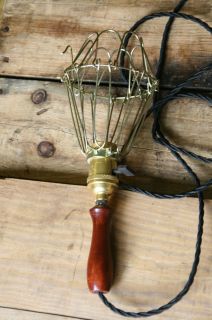 Hanging Pendant Light Industrial Wood Handle   Vintage Style Wire Cage 