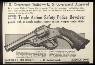1909 Hopkins & Allen Arms police revolver gun vintage print ad