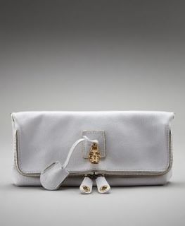 NWT Alexander McQueen Fold Over White Leather Clutch With Gold Skull 
