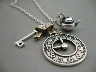 Alice in Wonderland Antique Silver Plate Teapot Watch Clock Key 