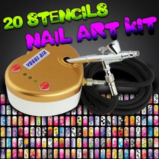 NEW 20 Stencil Nail Art Airbrush Kit w/ Heart Air Compressor, Hose 