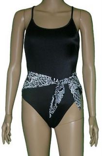 70s Vintage WILLOW BAY Black X Back White Palm Tie Waist Maillot 