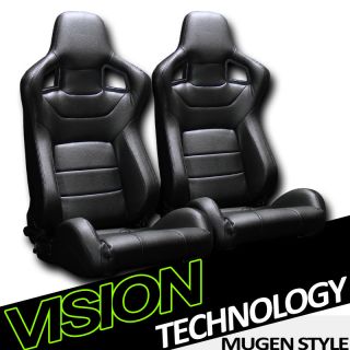 Version 3 2pc MU Style JDM Black PVC Leather Racing Bucket Seats 