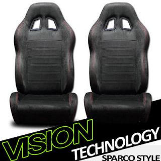 2x Universal V2 Simulated Suede Black & Red Stitch Racing Seats 