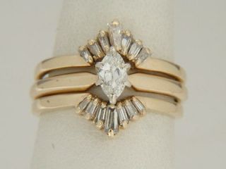 14k Yellow Gold Marquise Solitaire Engagement Ring & Baguette Wedding 