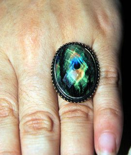 JE094 Vintage Faux Turquoise Color Ring, Peacock Feather Ring