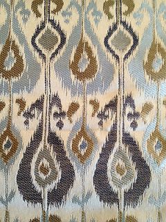 AQUA ICE AND NAVY BLUE SILVER TAN IKAT TAPESTRY UPHOLSTERY FABRIC