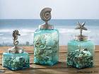Park Designs Aqua Glass Square Canister Jar Metal Nautical Seahorse 