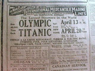 Original 1912 NY Times newspaper w TITANIC SAILING AD 4 return voyage 